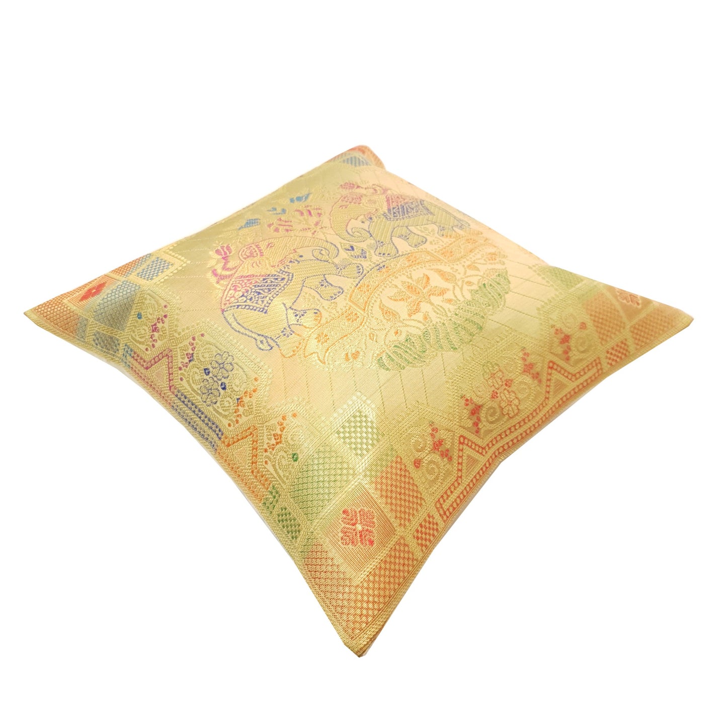 12x12 Inch Beige Cushion Cover Banarasi Indian Elephant Woven Zari Brocade Silk