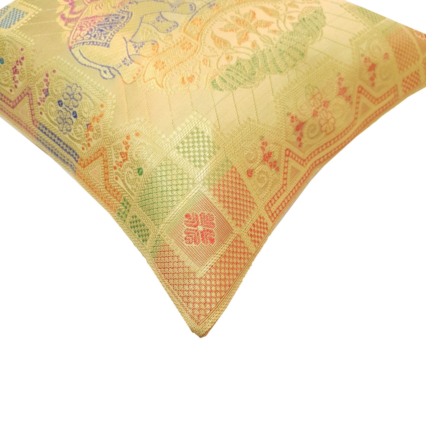 12x12 Inch Beige Cushion Cover Banarasi Indian Elephant Woven Zari Brocade Silk