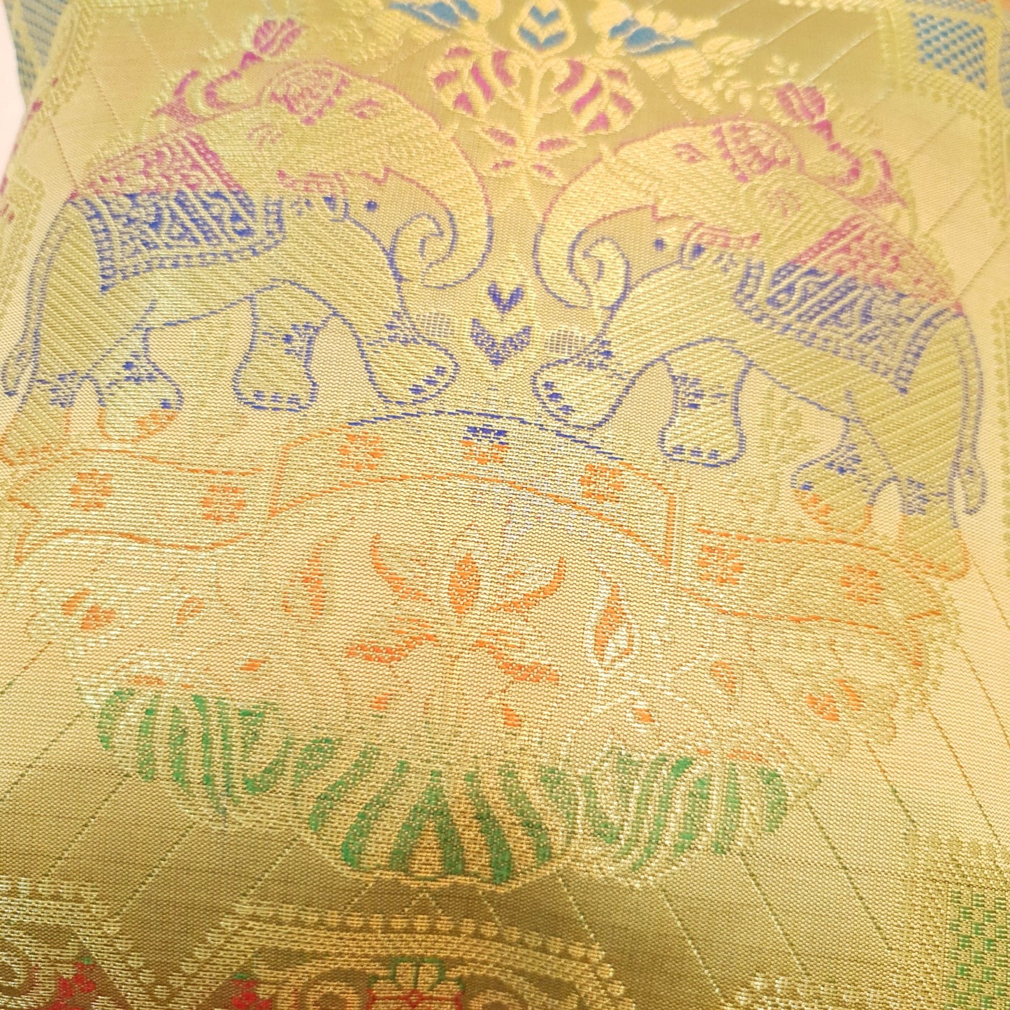 12x12 Inch Beige Cushion Cover Banarasi Indian Elephant Woven Zari Brocade Silk