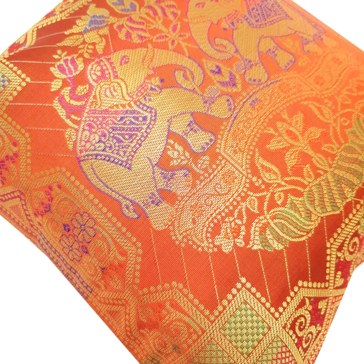 12x12 Inch Cushion Cover Banarasi Indian Orange Elephant Woven Zari Brocade Silk