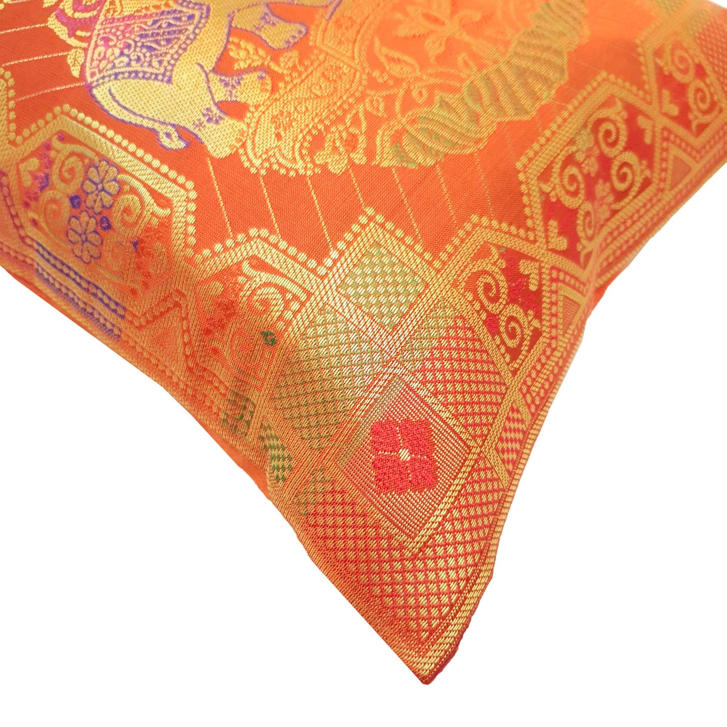 12x12 Inch Cushion Cover Banarasi Indian Orange Elephant Woven Zari Brocade Silk