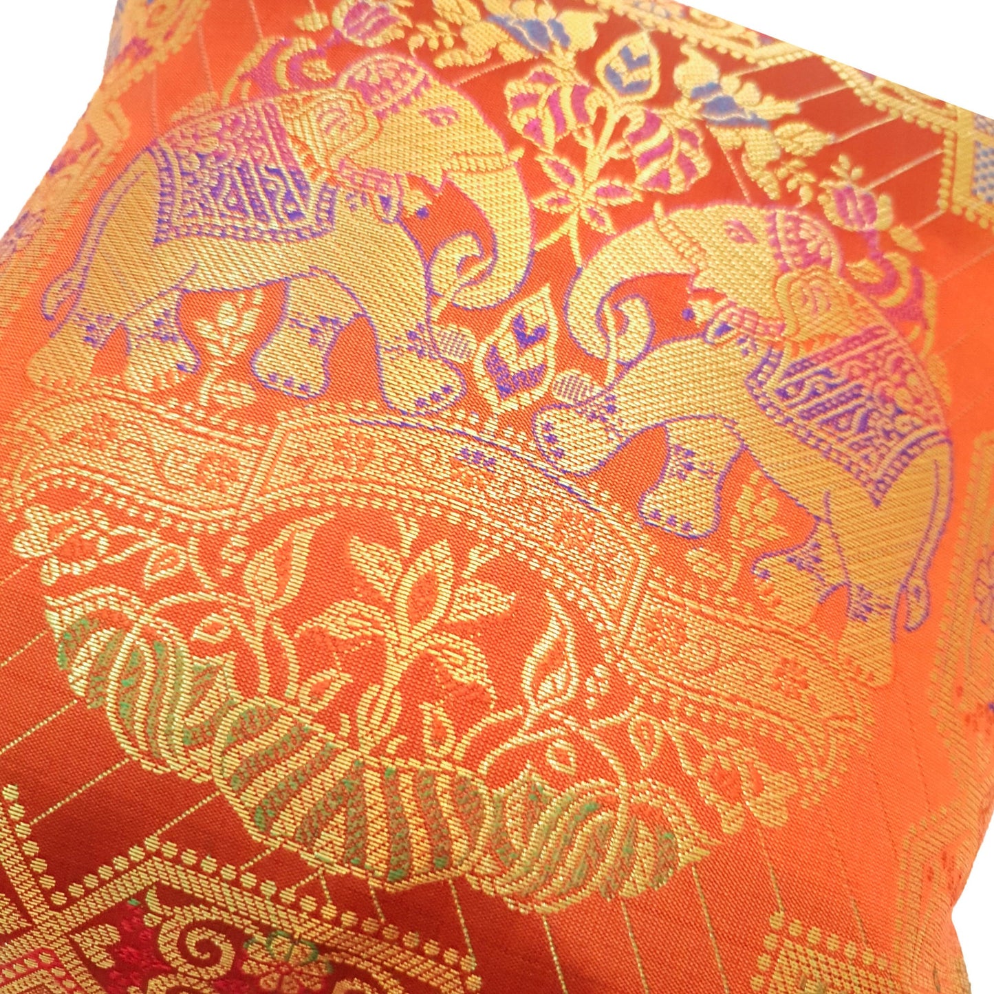 12x12 Inch Cushion Cover Banarasi Indian Orange Elephant Woven Zari Brocade Silk