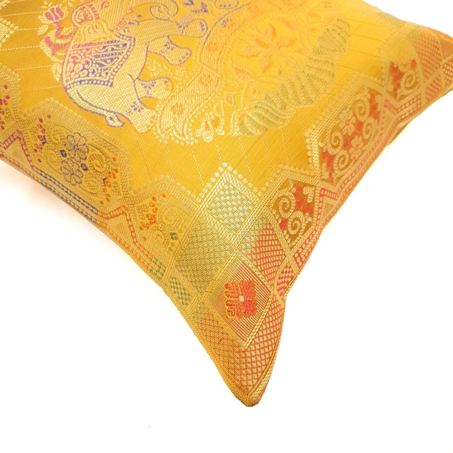 12x12 Inch Cushion Cover Banarasi Indian Mustard Elephant Woven Brocade Silk