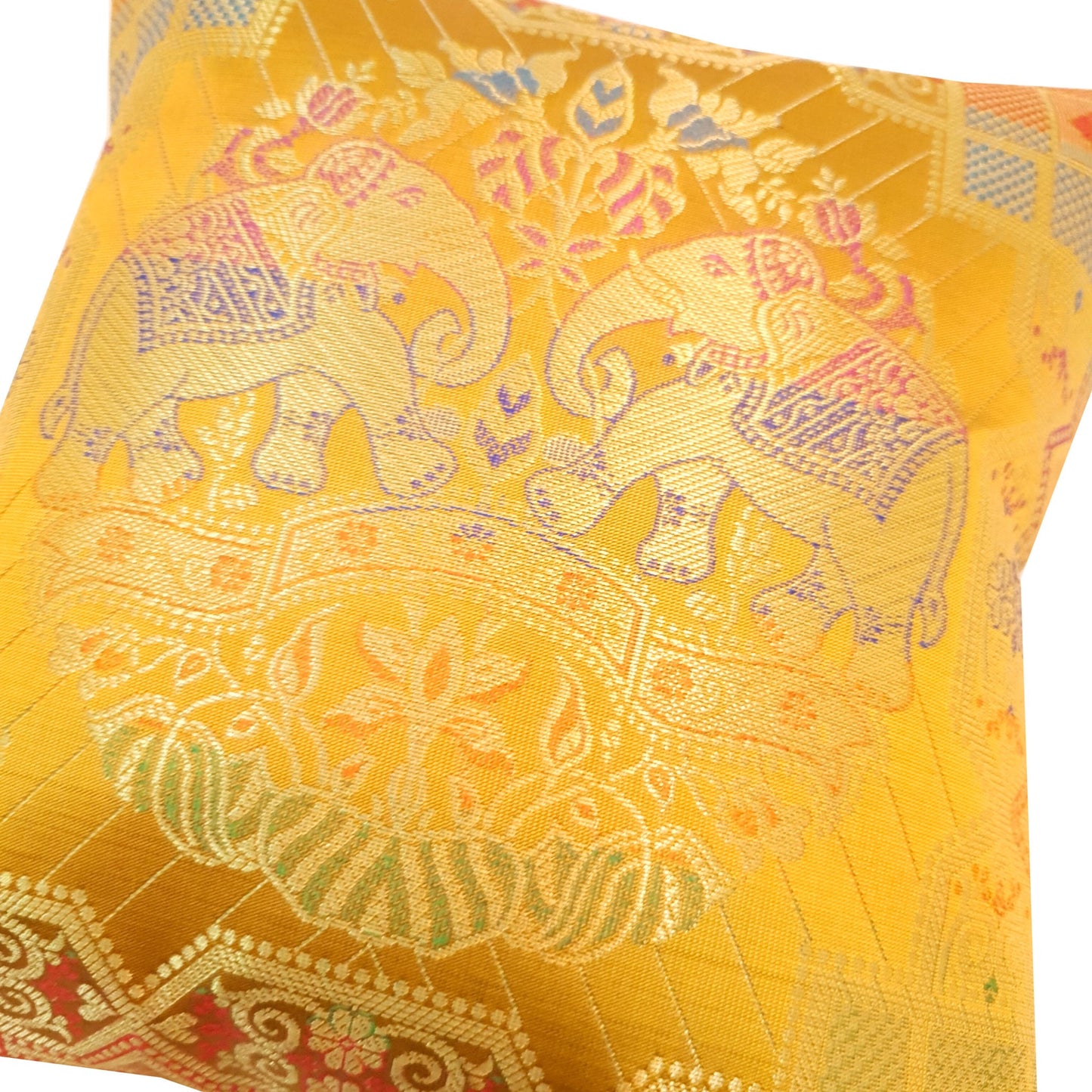 12x12 Inch Cushion Cover Banarasi Indian Mustard Elephant Woven Brocade Silk