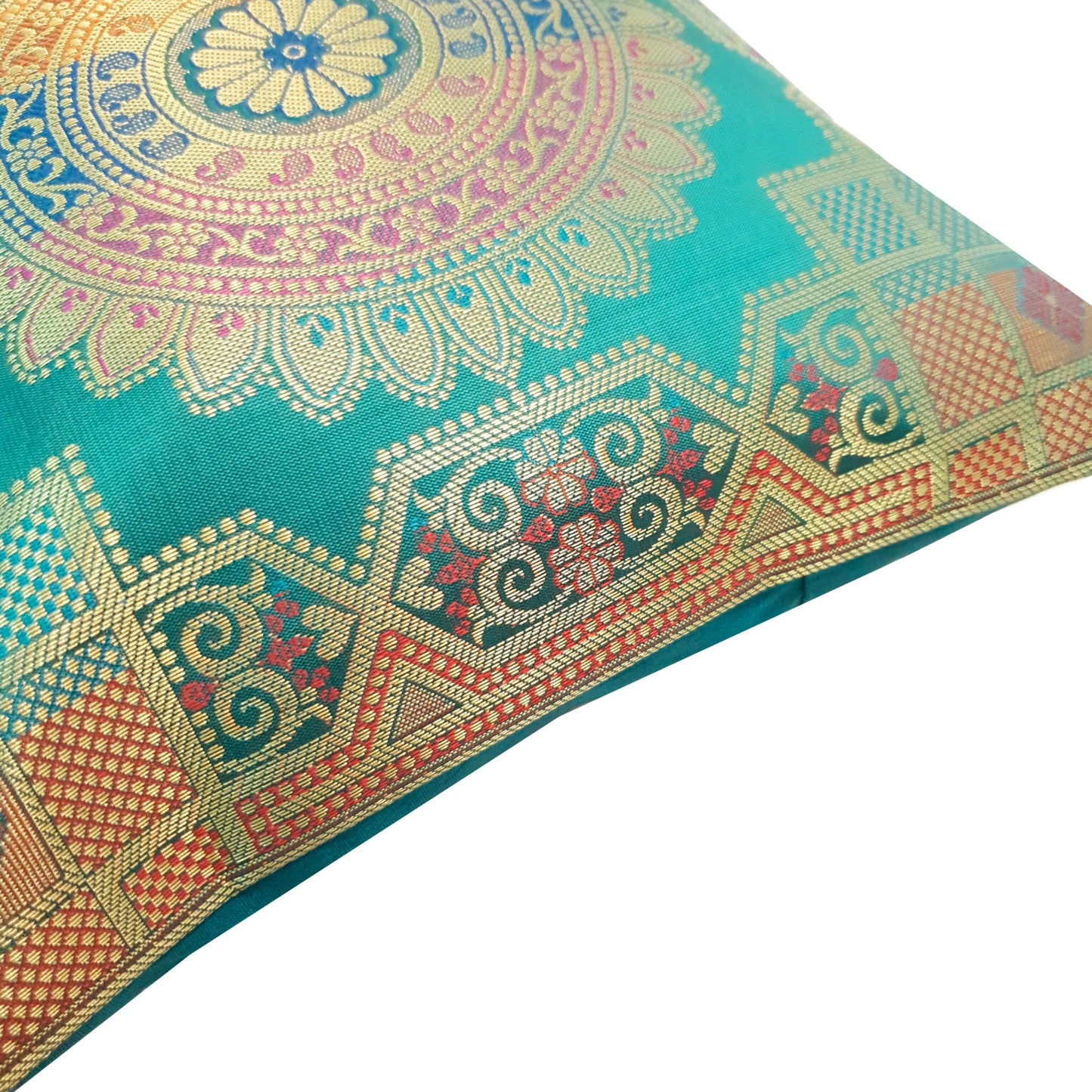 12x12 Inch Cushion Covers Teal Green Banarasi Mandala Woven Zari Brocade Silk