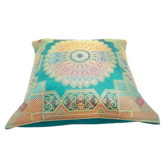 12x12 Inch Cushion Covers Teal Green Banarasi Mandala Woven Zari Brocade Silk