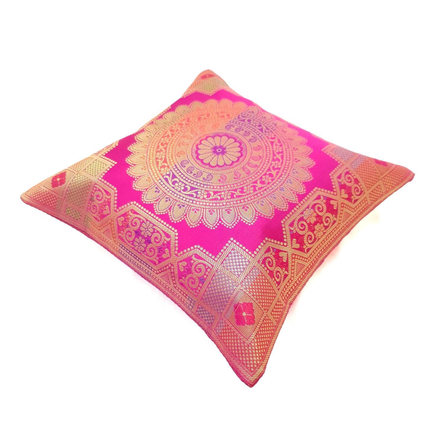 Pink 12x12 Inch Cushion Covers Indian Banarasi Mandala Woven Zari Brocade Silk