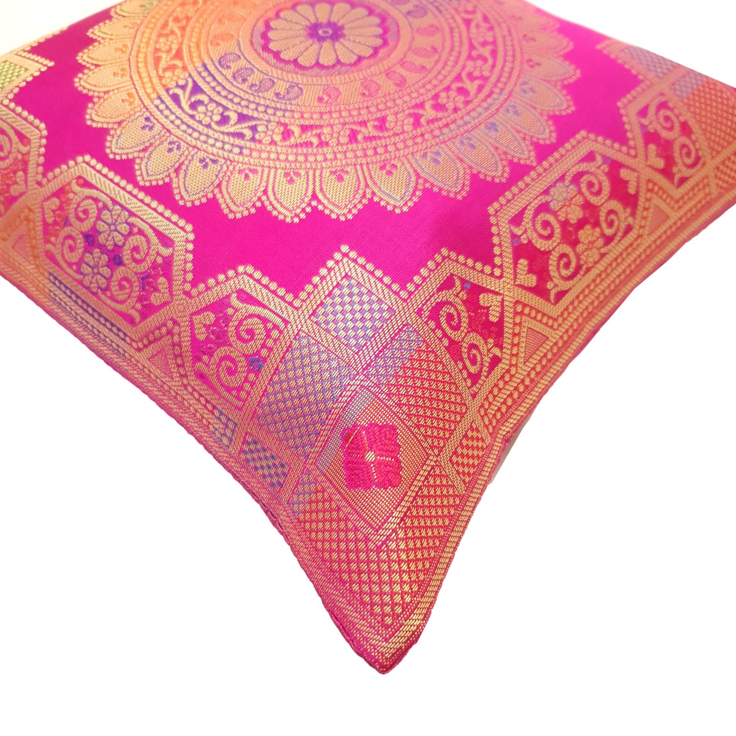 Pink 12x12 Inch Cushion Covers Indian Banarasi Mandala Woven Zari Brocade Silk