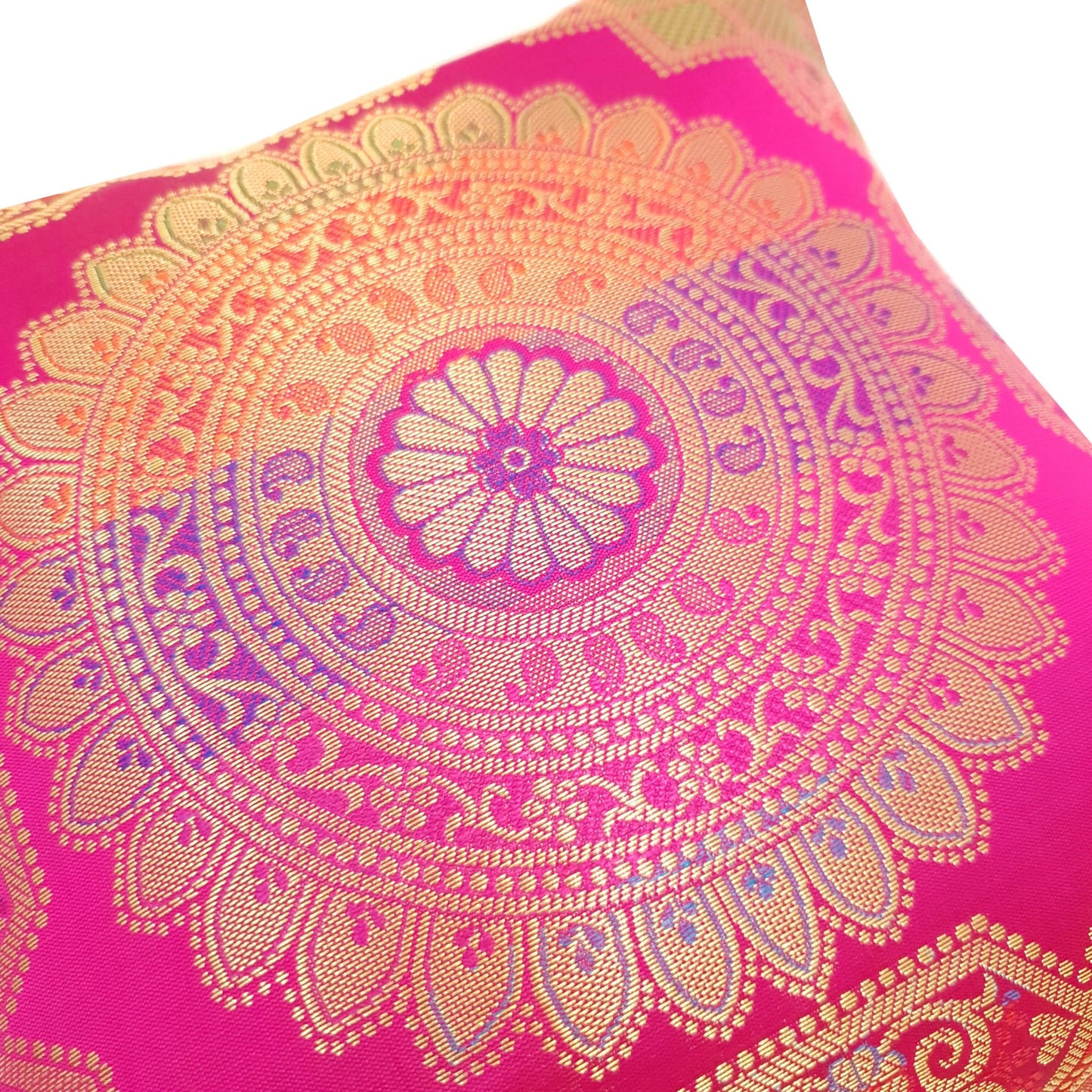 Pink 12x12 Inch Cushion Covers Indian Banarasi Mandala Woven Zari Brocade Silk