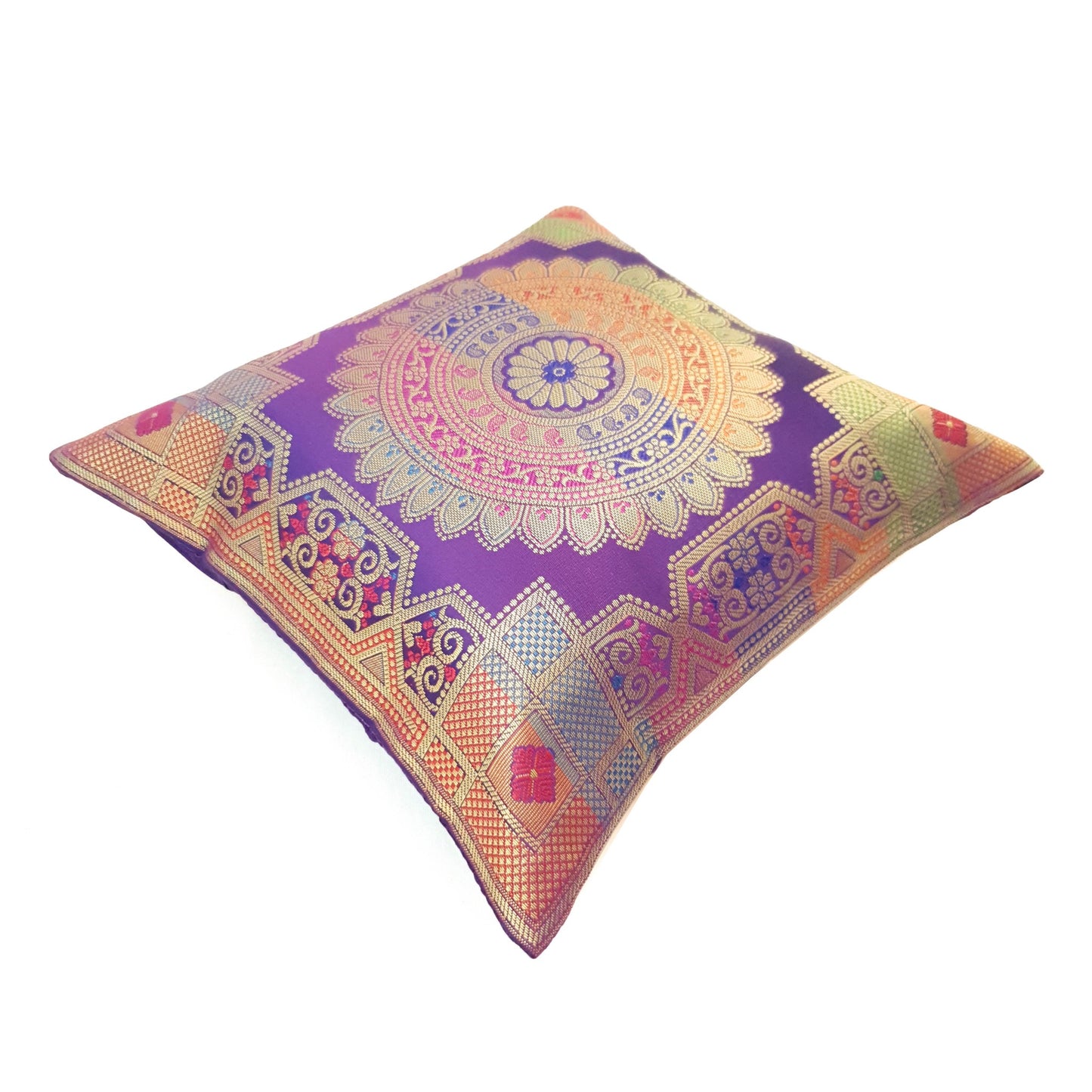 Purple 12x12 Inch Cushion Covers Indian Banarasi Mandala Woven Zari Brocade Silk