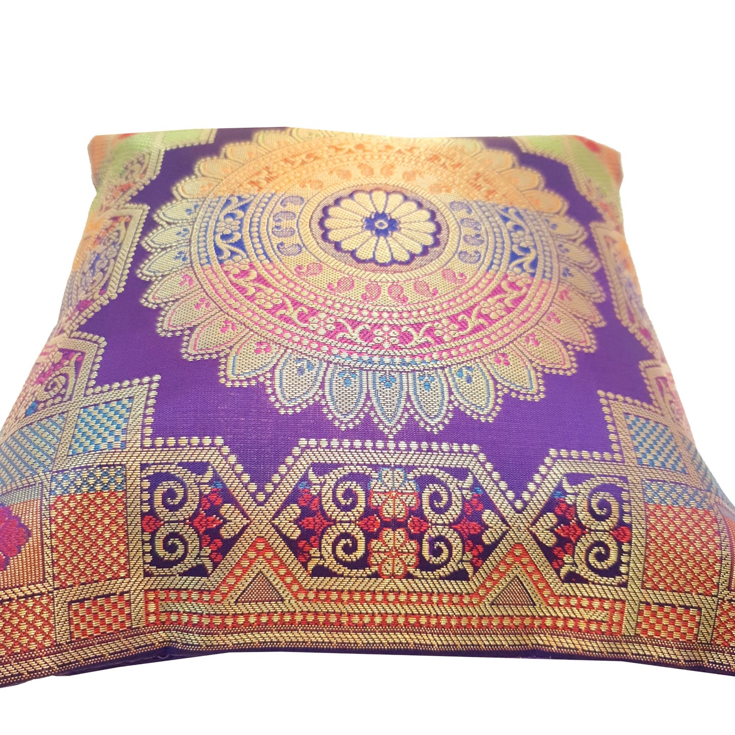 Purple 12x12 Inch Cushion Covers Indian Banarasi Mandala Woven Zari Brocade Silk