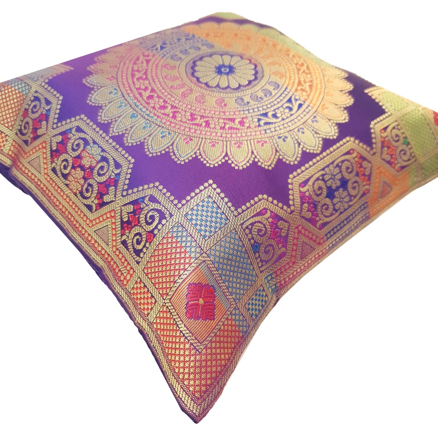 Purple 12x12 Inch Cushion Covers Indian Banarasi Mandala Woven Zari Brocade Silk