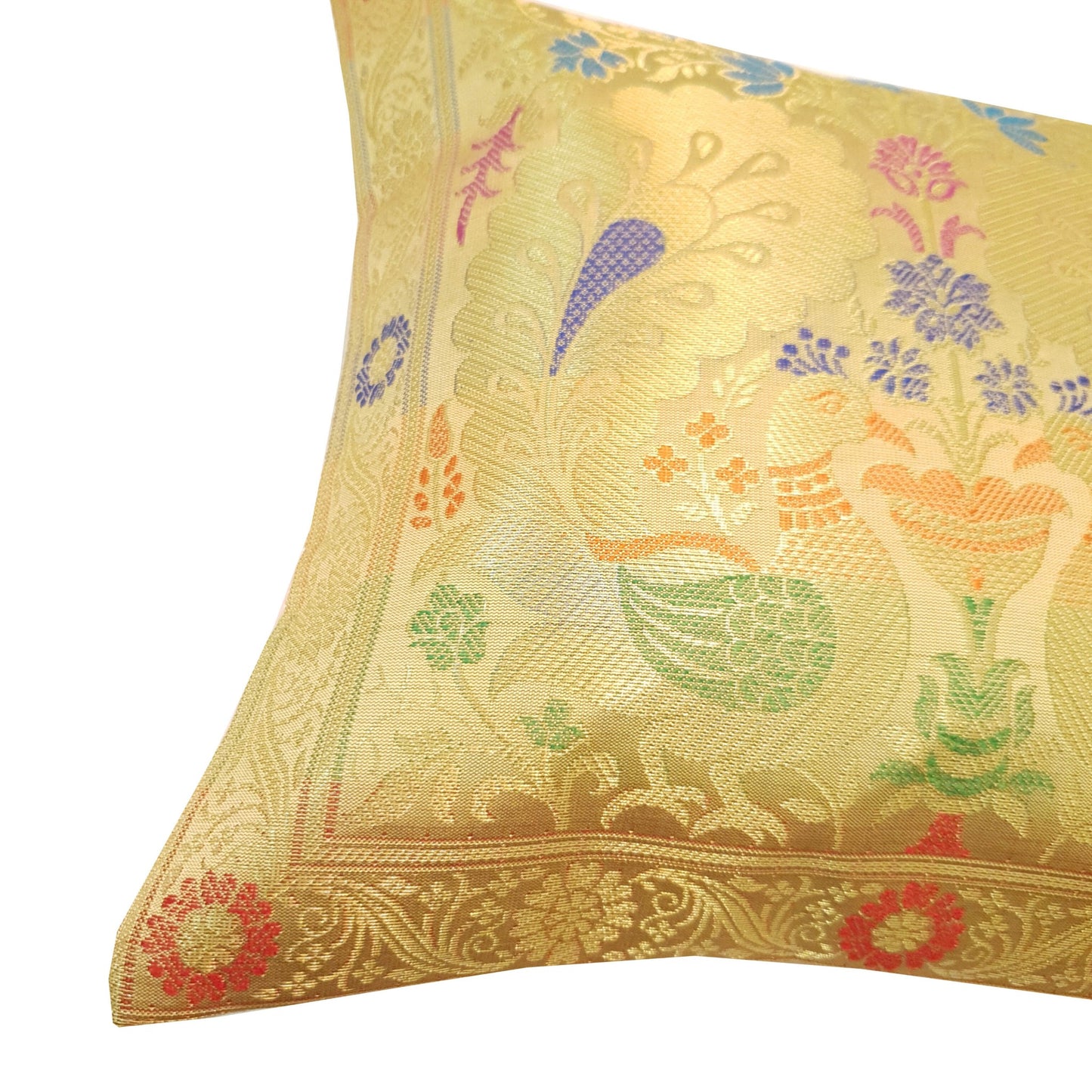 12x12 Inch Cushion Cover Beige Banarasi Decor Woven Peacock Zari Brocade Silk