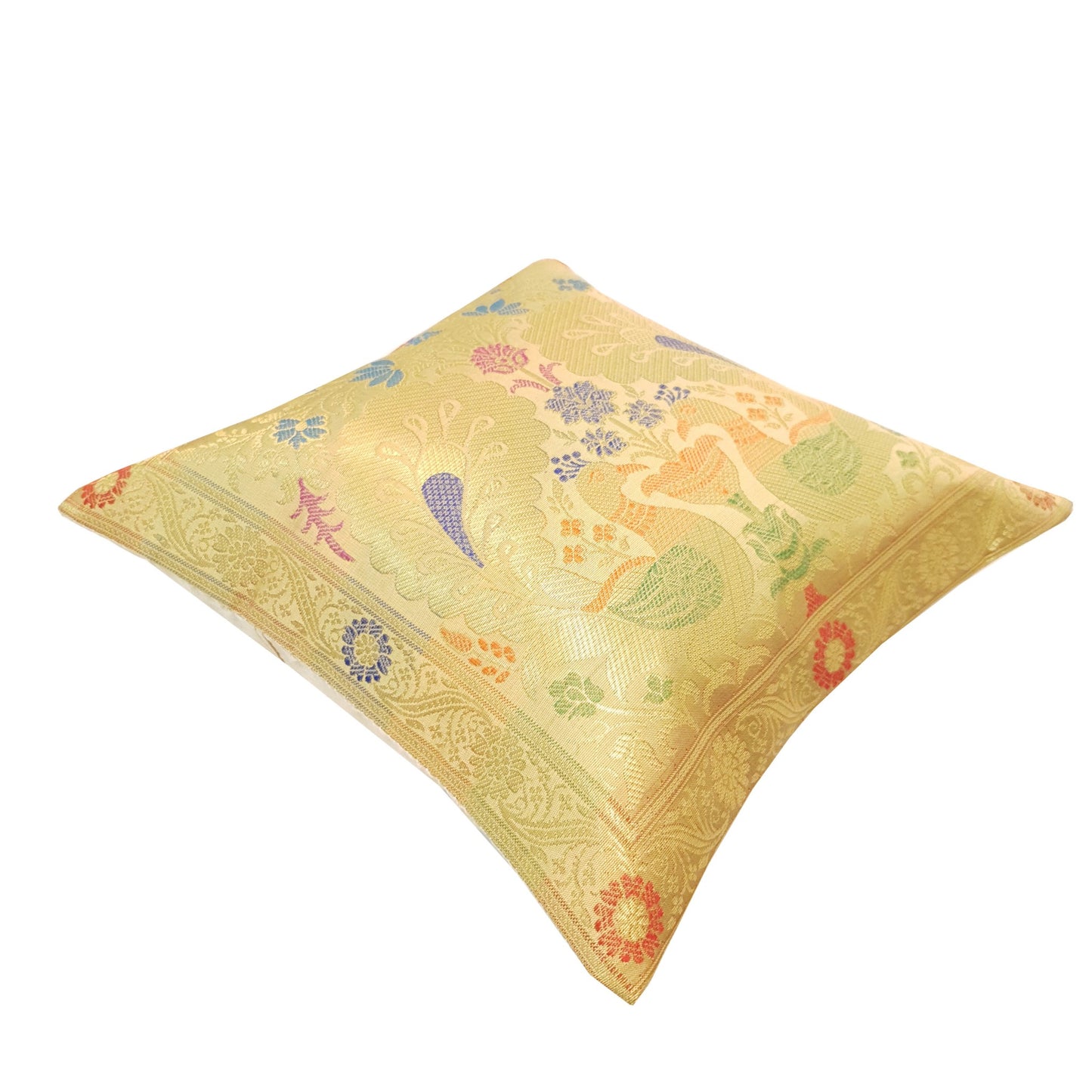 12x12 Inch Cushion Cover Beige Banarasi Decor Woven Peacock Zari Brocade Silk