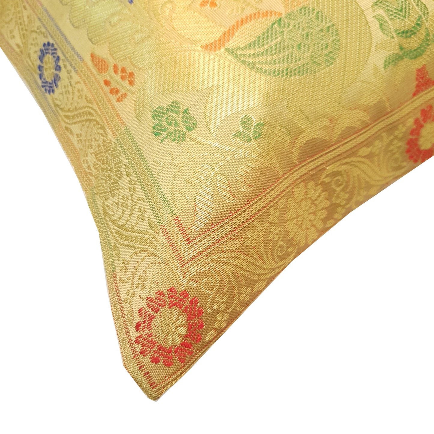 12x12 Inch Cushion Cover Beige Banarasi Decor Woven Peacock Zari Brocade Silk