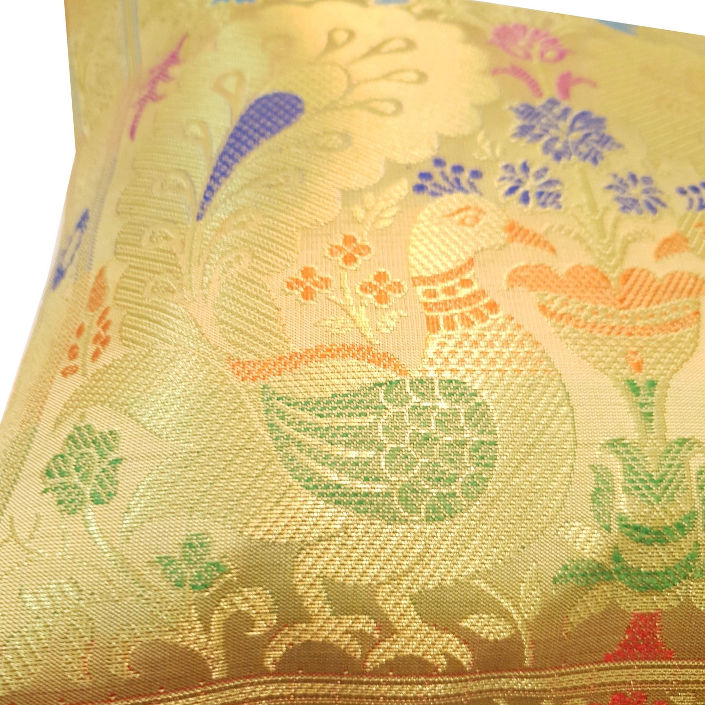 12x12 Inch Cushion Cover Beige Banarasi Decor Woven Peacock Zari Brocade Silk