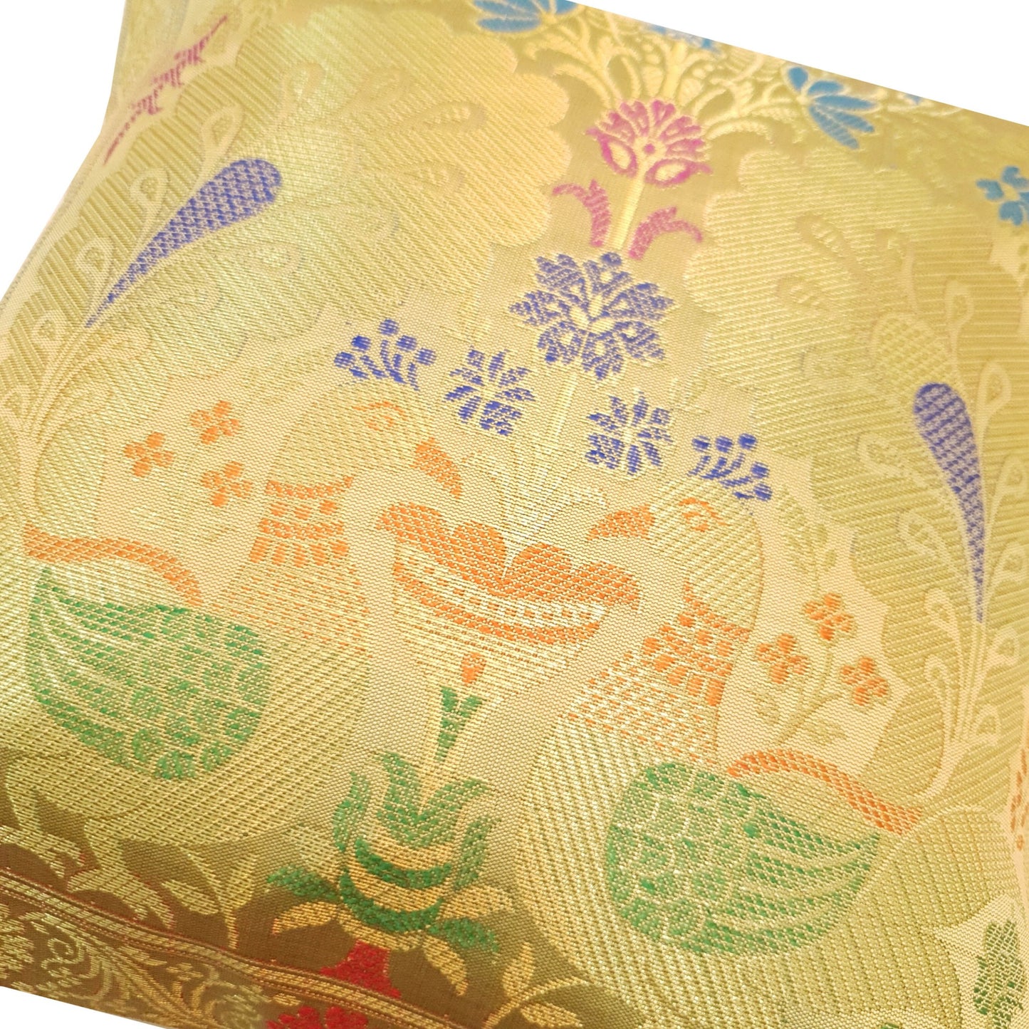12x12 Inch Cushion Cover Beige Banarasi Decor Woven Peacock Zari Brocade Silk