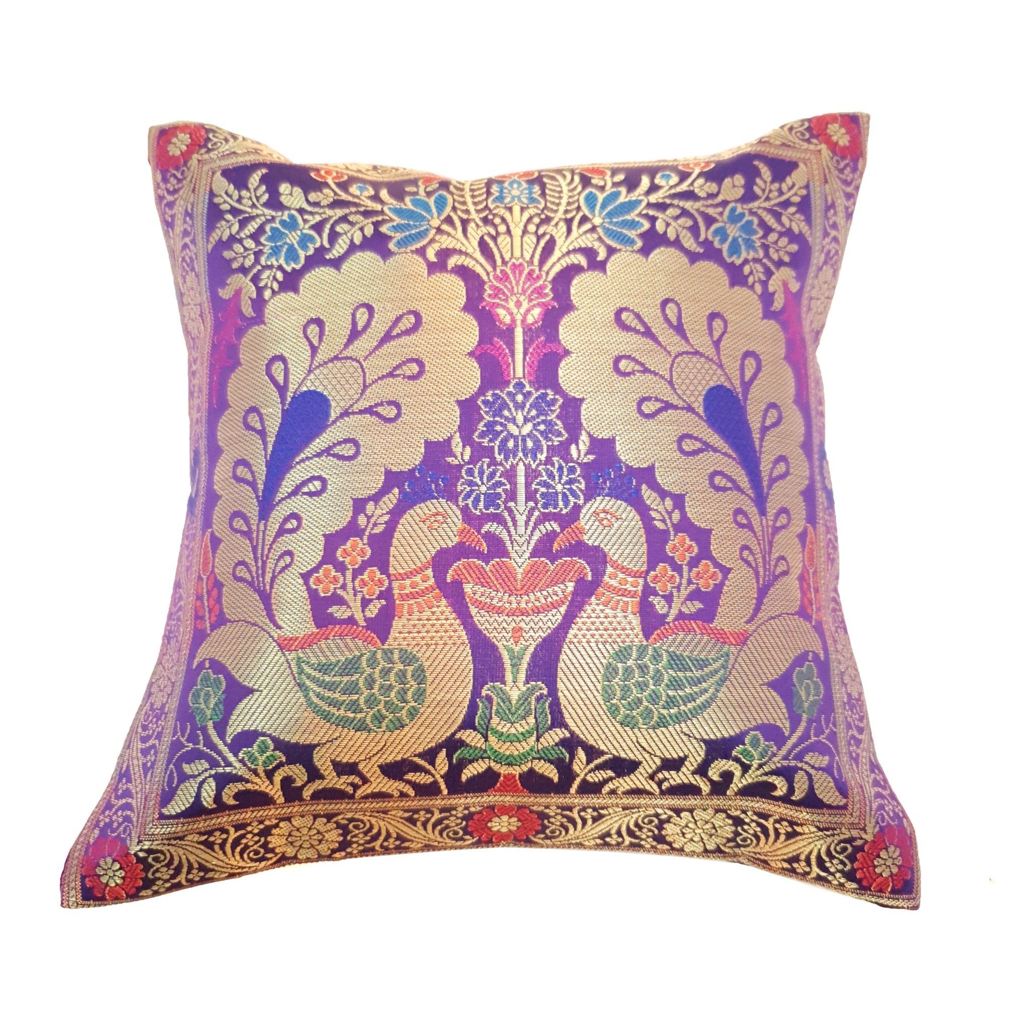 12x12 Inch Purple Cushion Cover Banarasi Decor Woven Peacock Zari