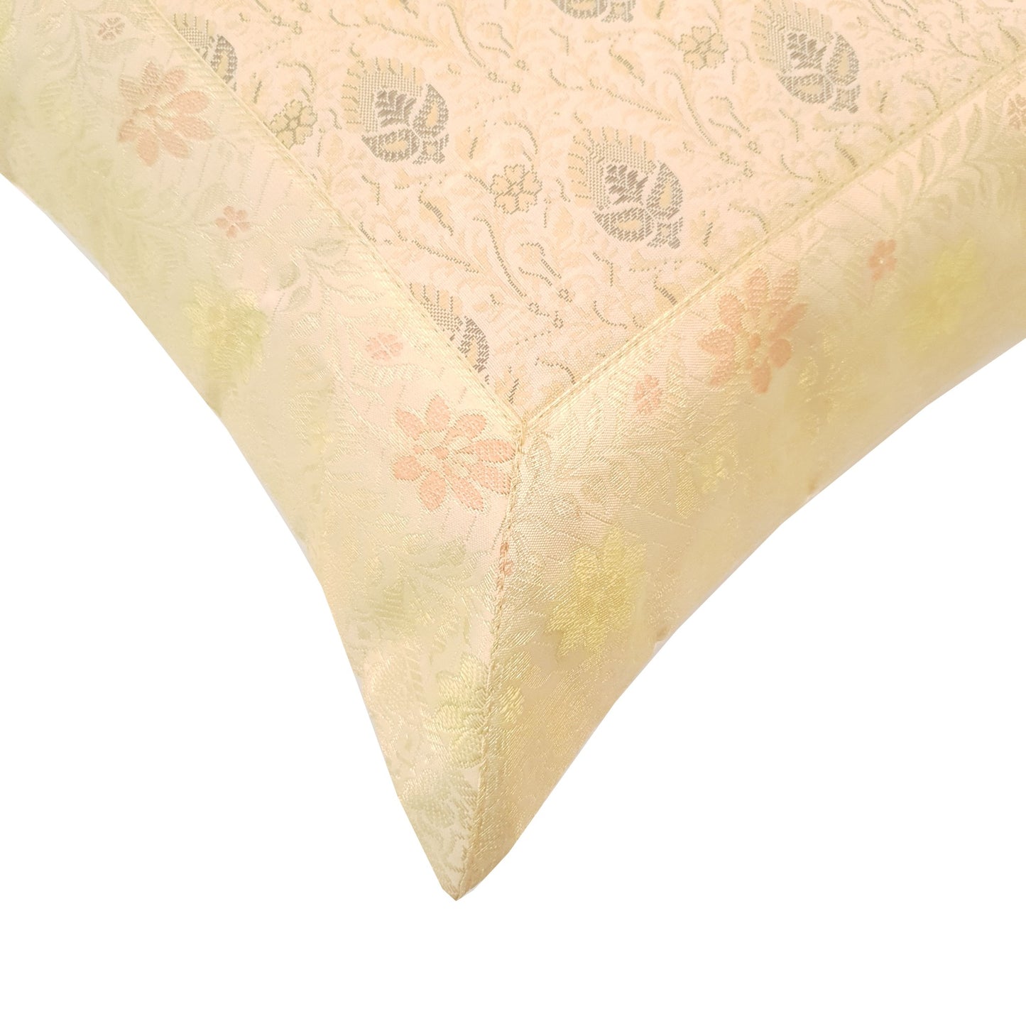 12x12 Inch Indian Woven Zari Brocade Banarasi Silk Floral Cream Cushion Covers