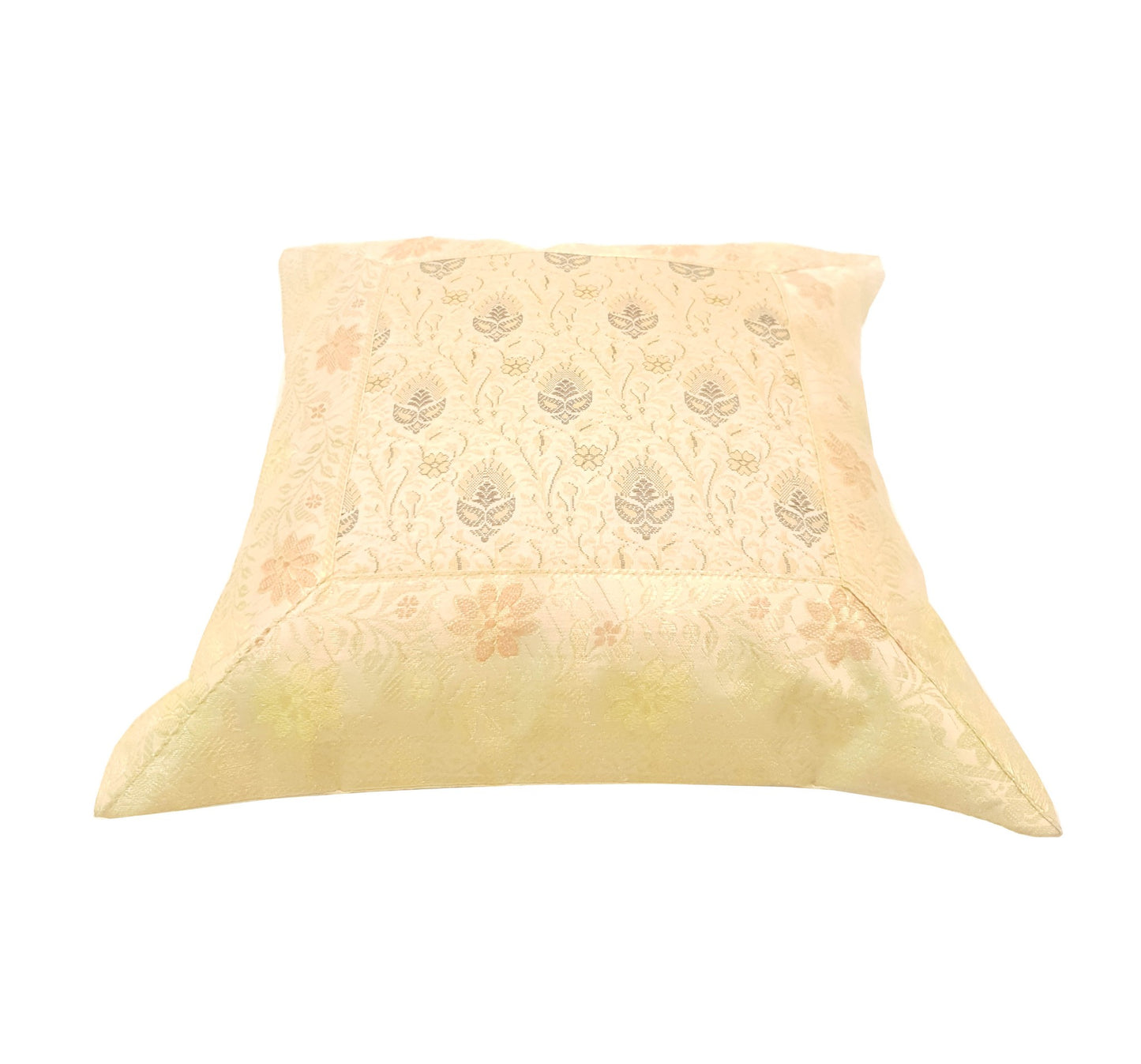 12x12 Inch Indian Woven Zari Brocade Banarasi Silk Floral Cream Cushion Covers