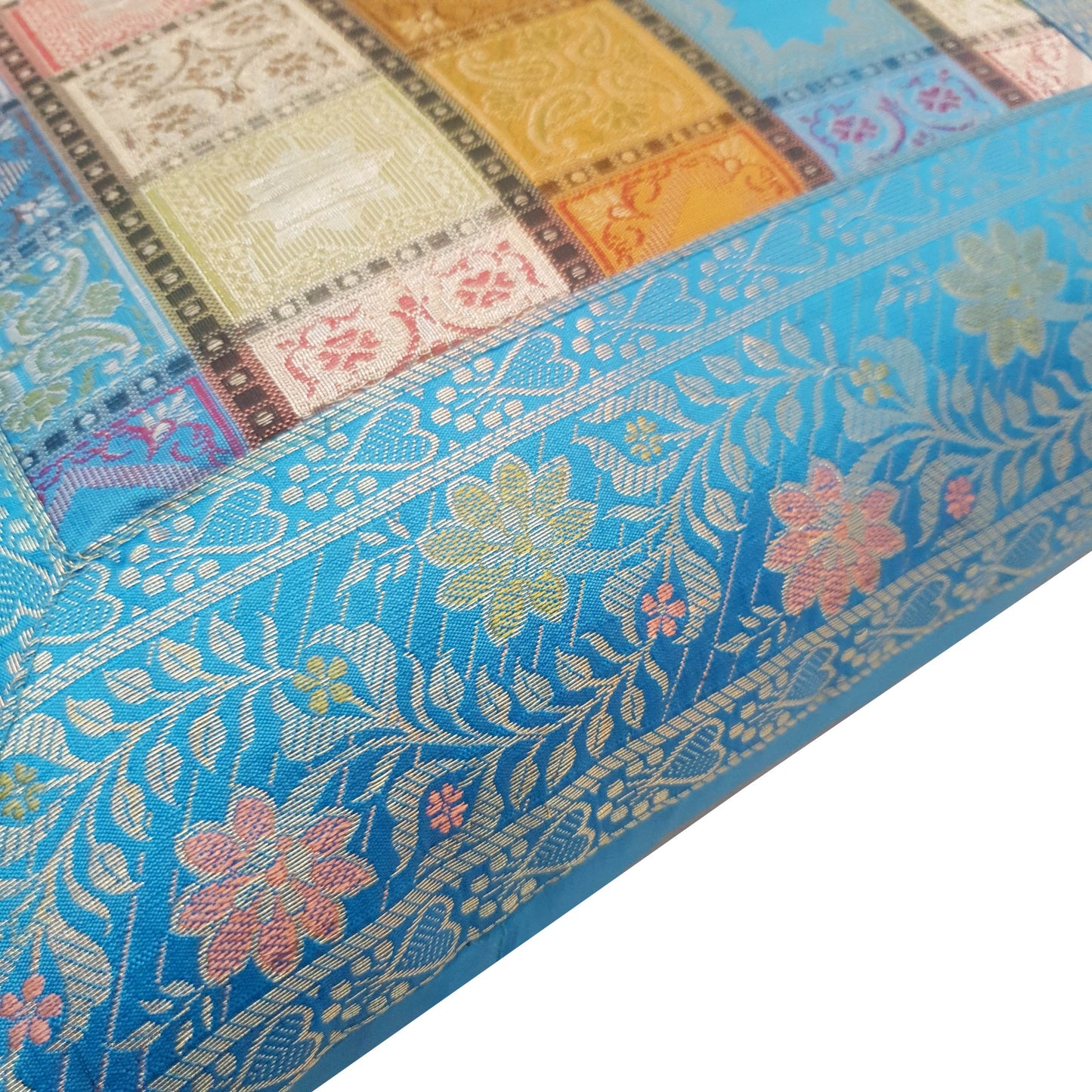 16X16 Inch Banarasi Cushion Covers Zari Brocade Silk MultiColor Blue Check Decor