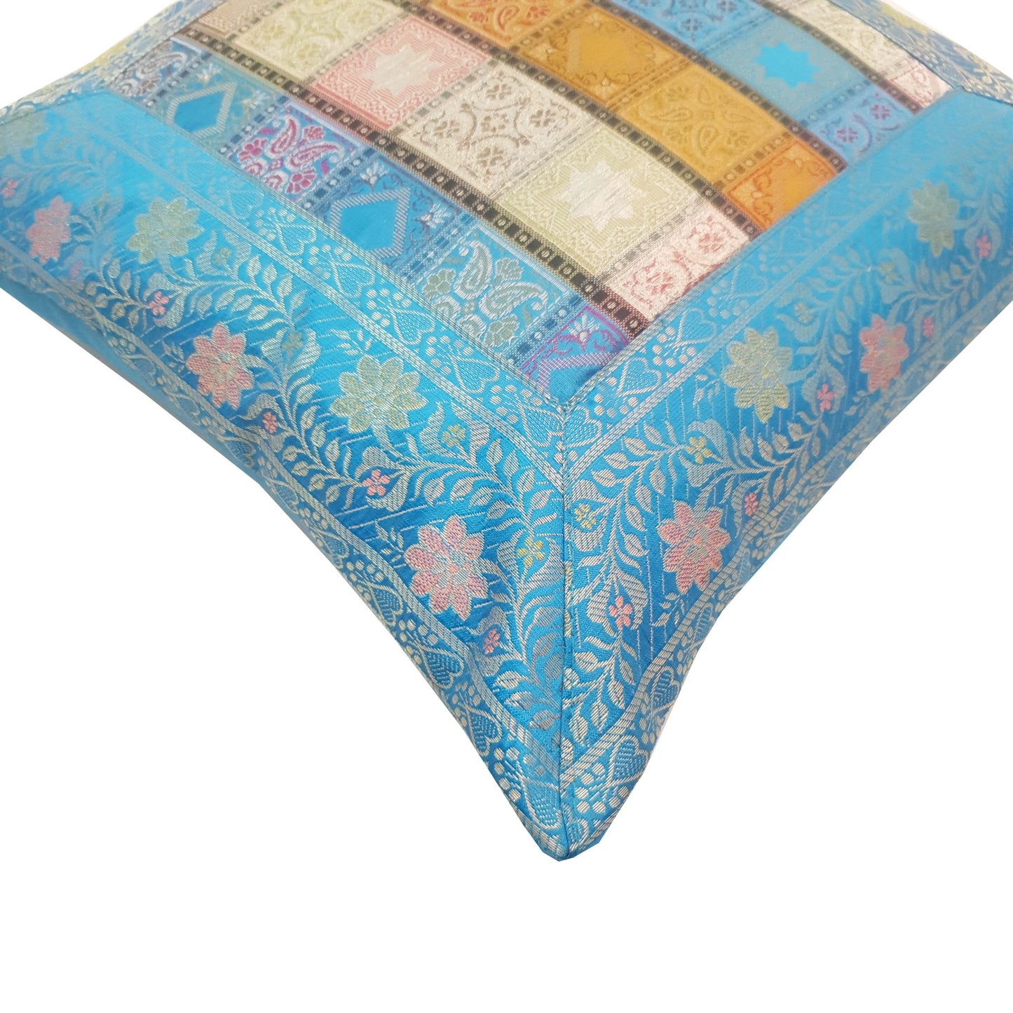 16X16 Inch Banarasi Cushion Covers Zari Brocade Silk MultiColor Blue Check Decor