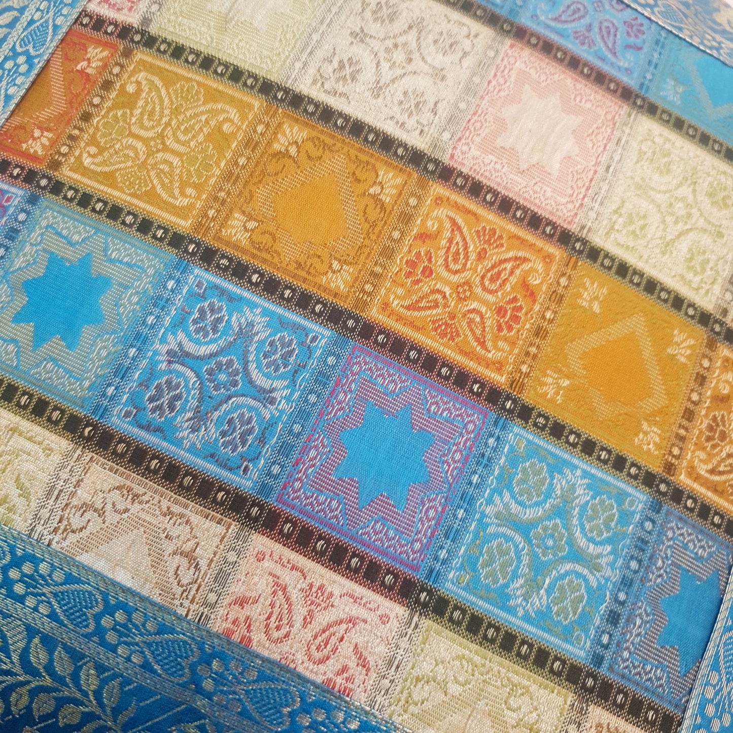 16X16 Inch Banarasi Cushion Covers Zari Brocade Silk MultiColor Blue Check Decor