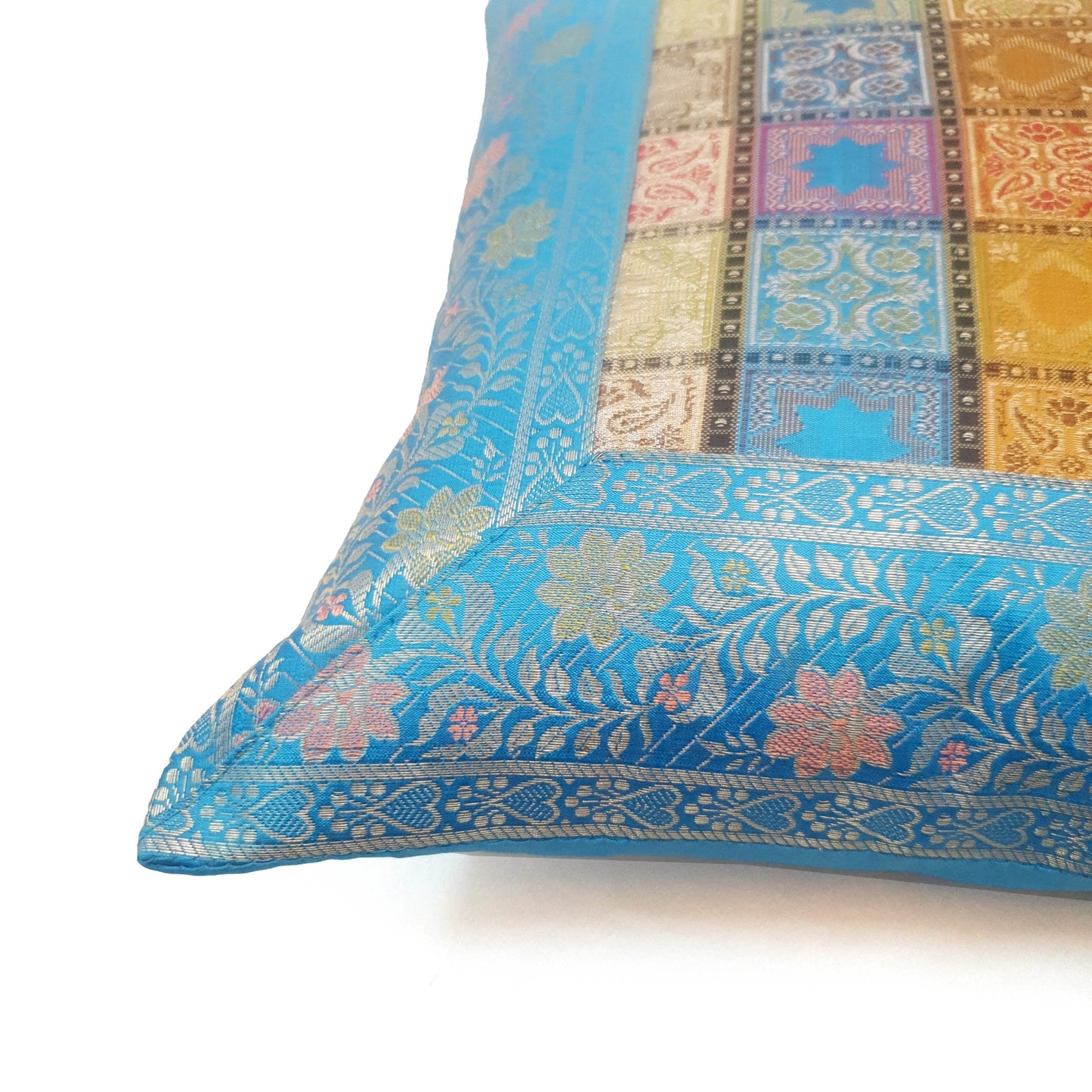 16X16 Inch Banarasi Cushion Covers Zari Brocade Silk MultiColor Blue Check Decor