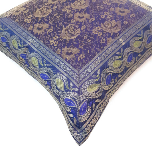 16x16 Inch Blue Cushion Cover Floral Woven Zari Brocade Banarasi Silk Home Decor