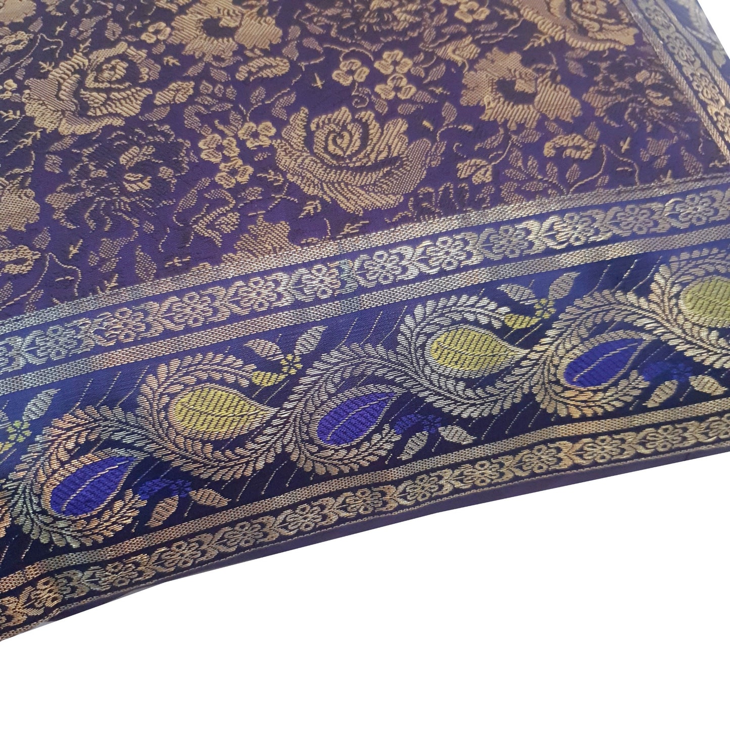 16x16 Inch Blue Cushion Cover Floral Woven Zari Brocade Banarasi Silk Home Decor