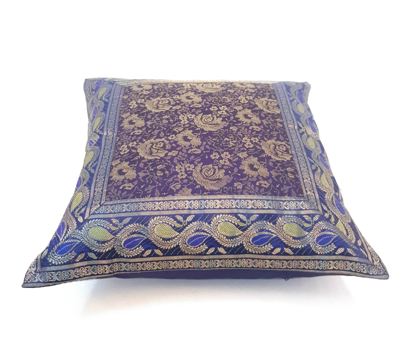 16x16 Inch Blue Cushion Cover Floral Woven Zari Brocade Banarasi Silk Home Decor