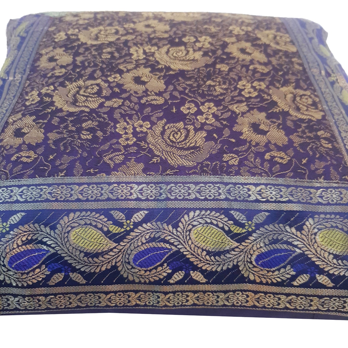 16x16 Inch Blue Cushion Cover Floral Woven Zari Brocade Banarasi Silk Home Decor