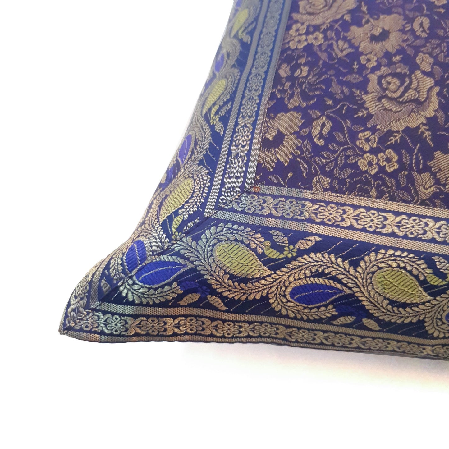 16x16 Inch Blue Cushion Cover Floral Woven Zari Brocade Banarasi Silk Home Decor