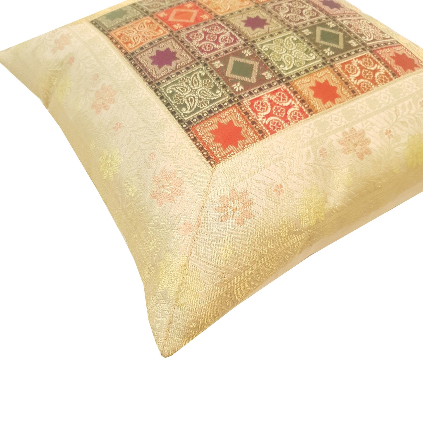 16X16 Inch Banarasi Cushion Covers Zari Brocade Silk Multi-Color Checks Decor