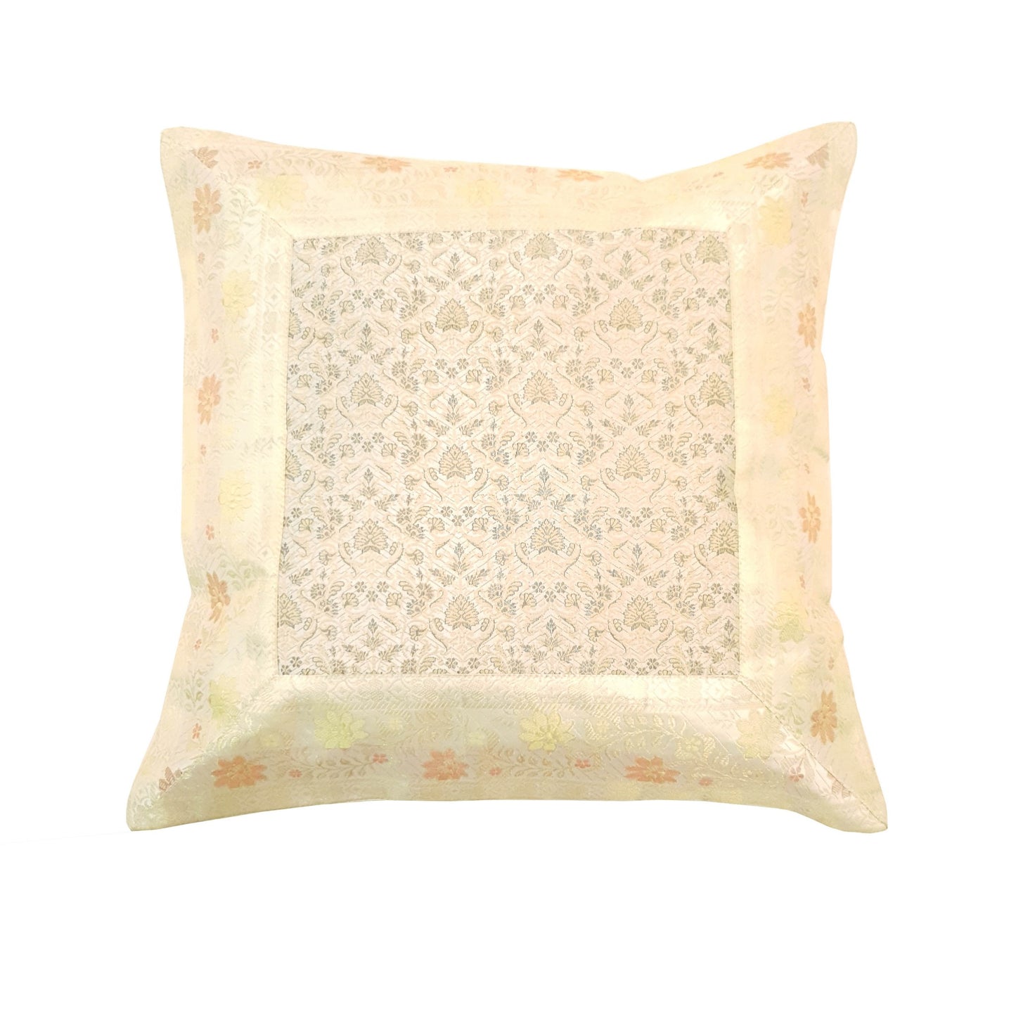 16x16 Inch White Cushion Covers Floral Woven Zari Brocade Banarasi Silk Decor