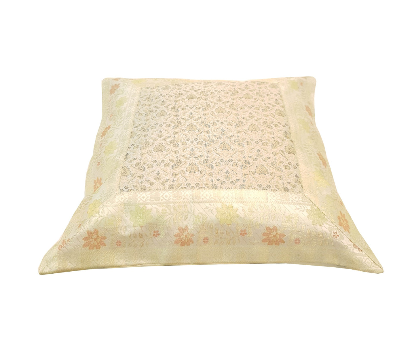 16x16 Inch White Cushion Covers Floral Woven Zari Brocade Banarasi Silk Decor