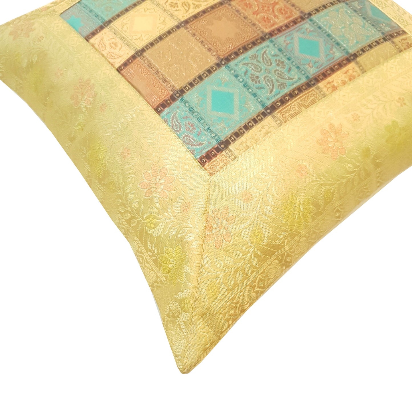 16X16 Inch Banarasi Cushion Covers Zari Brocade Silk Multi-Color Checks Decor