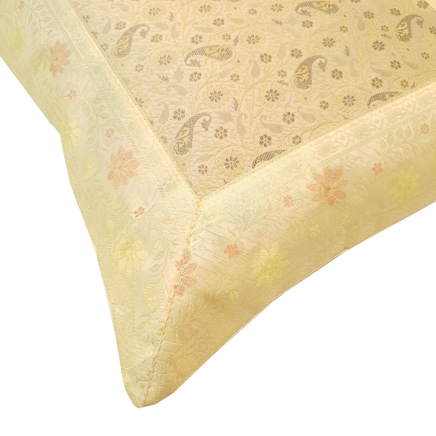 16X16 Inch Banarasi Cream Cushion Covers Zari Brocade Silk Paisley Home Decor