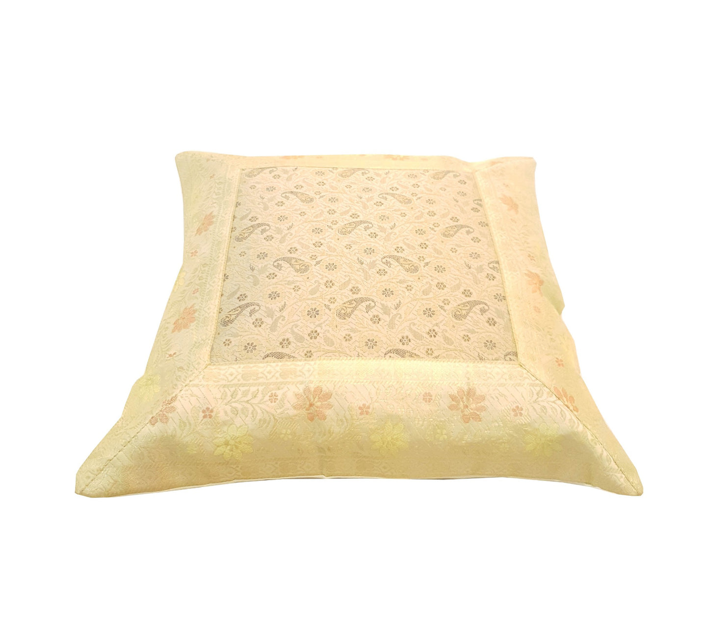 16X16 Inch Banarasi Cream Cushion Covers Zari Brocade Silk Paisley Home Decor