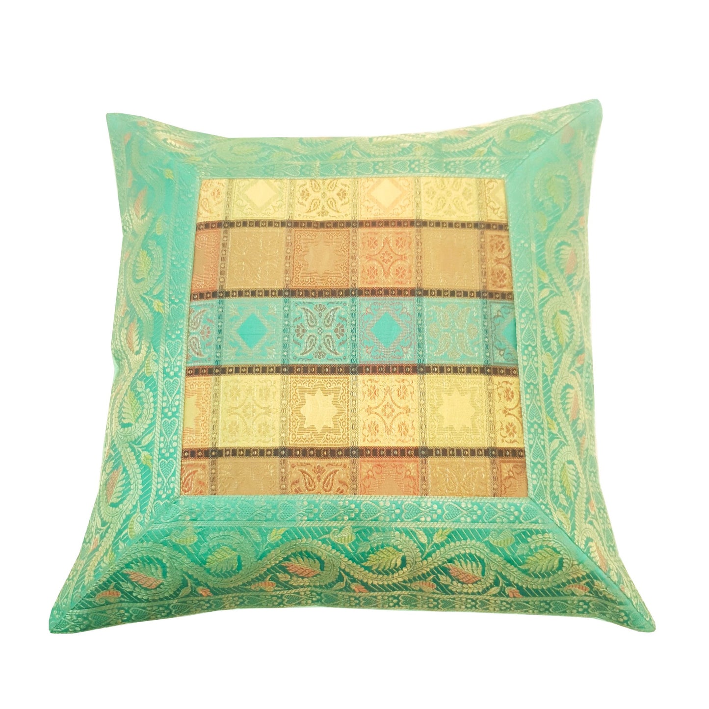 16X16 Inch Banarasi Cushion Covers Zari Brocade Silk Aqua Green Check Home Decor