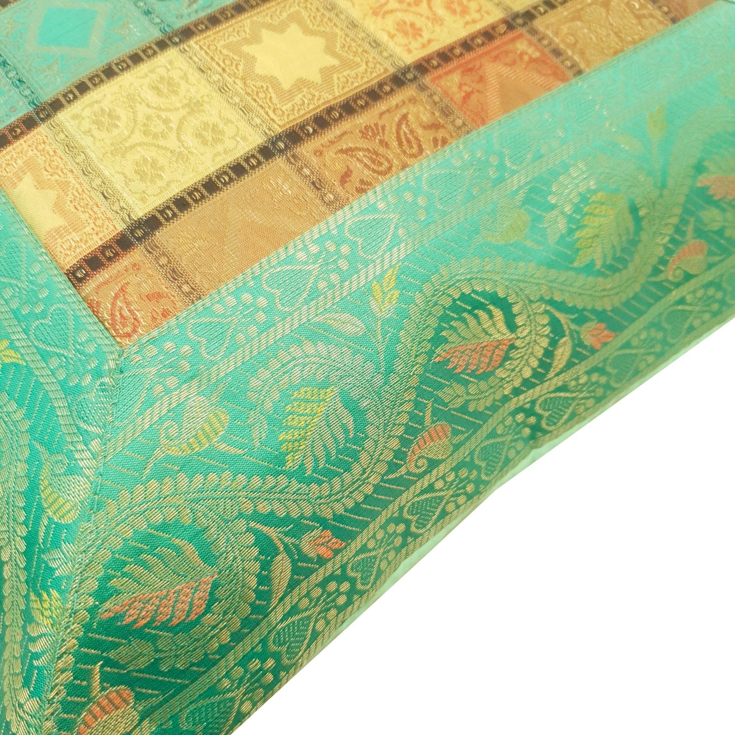 16X16 Inch Banarasi Cushion Covers Zari Brocade Silk Aqua Green Check Home Decor