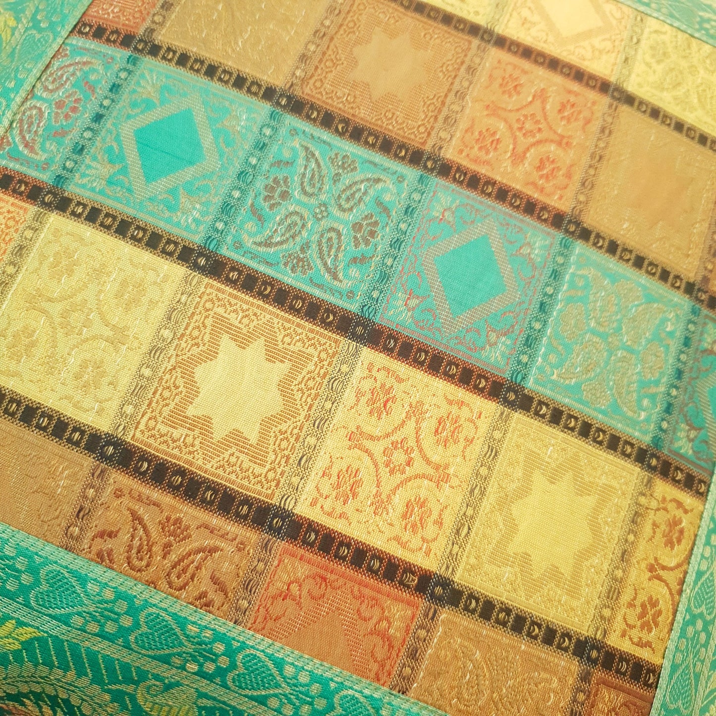 16X16 Inch Banarasi Cushion Covers Zari Brocade Silk Aqua Green Check Home Decor