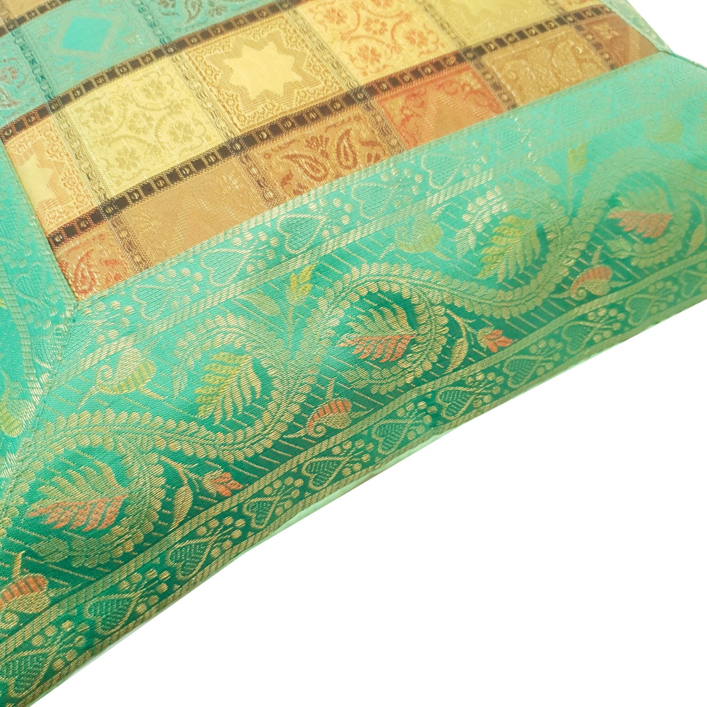 16X16 Inch Banarasi Cushion Covers Zari Brocade Silk Aqua Green Check Home Decor