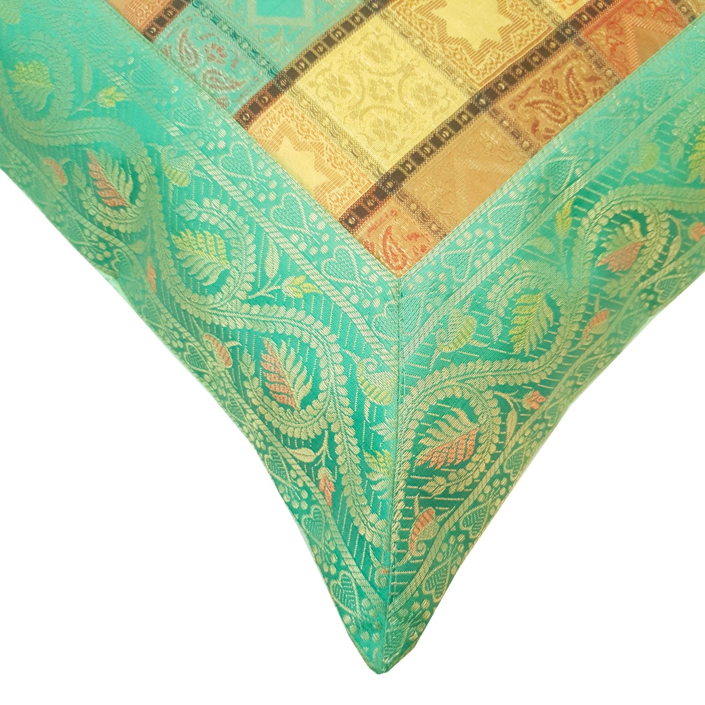 16X16 Inch Banarasi Cushion Covers Zari Brocade Silk Aqua Green Check Home Decor