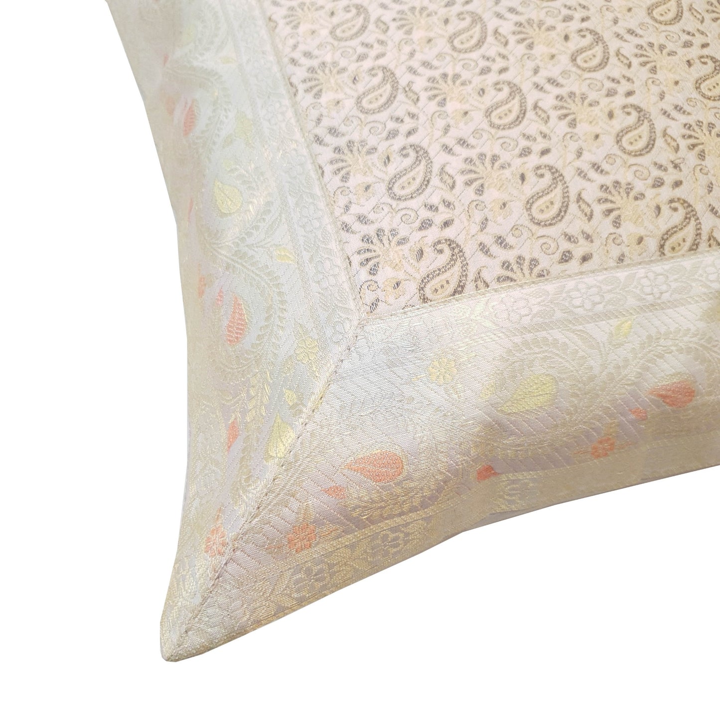 16X16 Inch Banarasi Cushion Covers Gray Zari Brocade Silk Paisley Home Decor