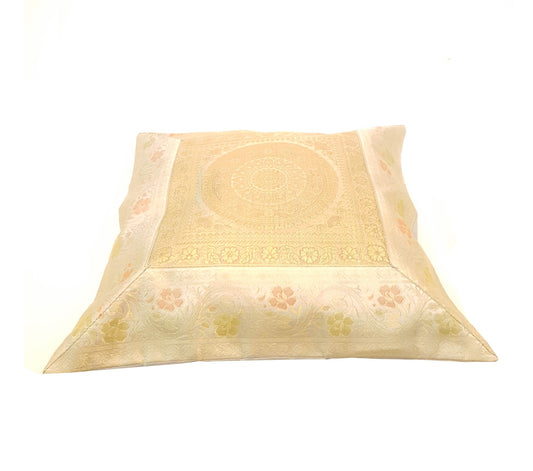17x17 Inch Indian Cream Cushion Covers Woven Zari Brocade Banarasi Silk Mandala