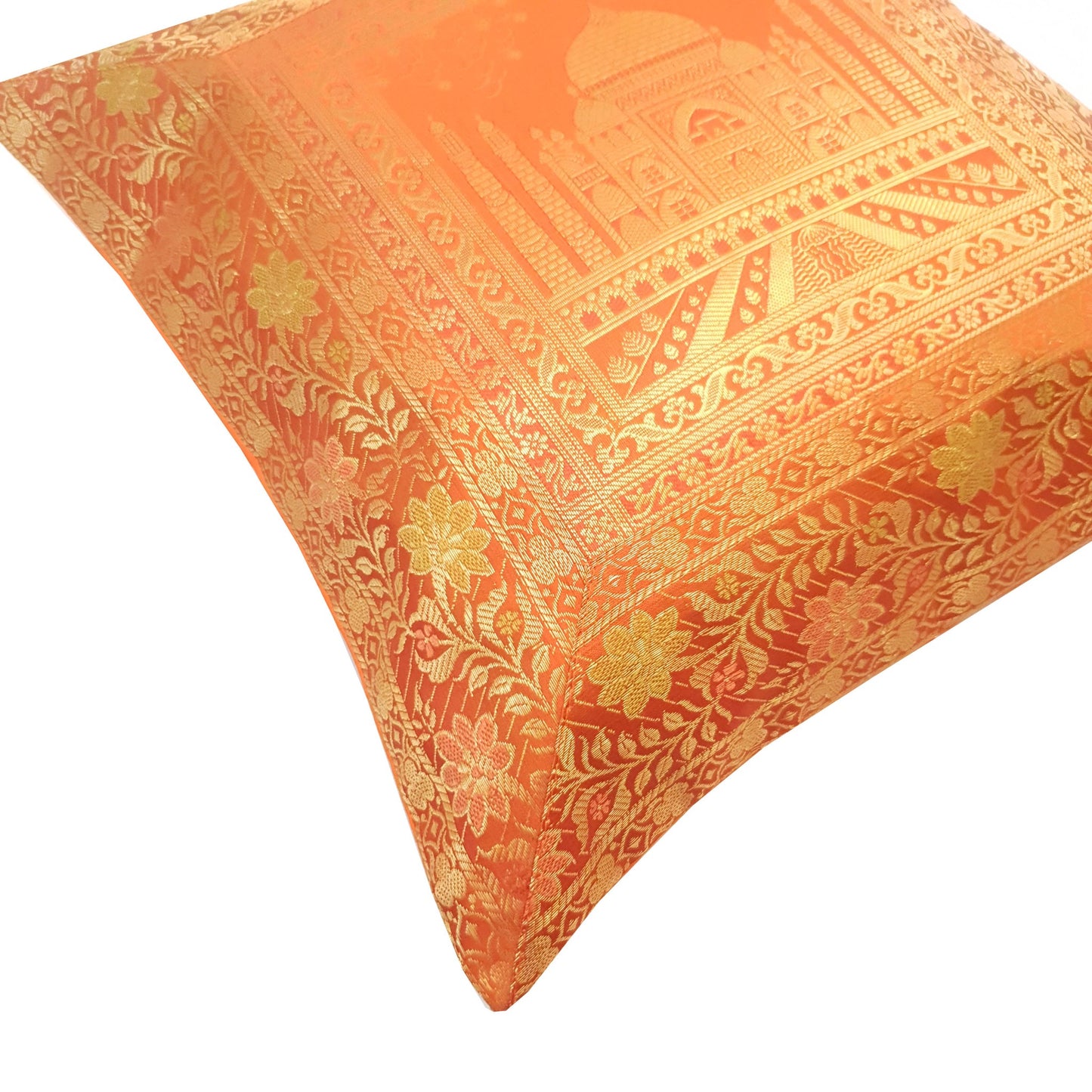 17x17 Inch Orange Cushion Cover Taj Mahal Woven Zari Brocade Banarasi Silk Decor