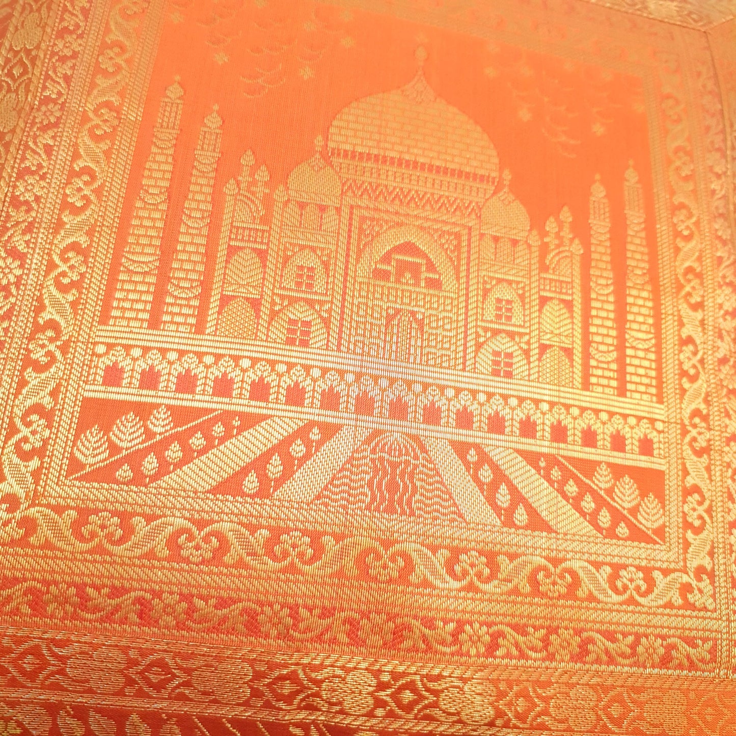17x17 Inch Orange Cushion Cover Taj Mahal Woven Zari Brocade Banarasi Silk Decor
