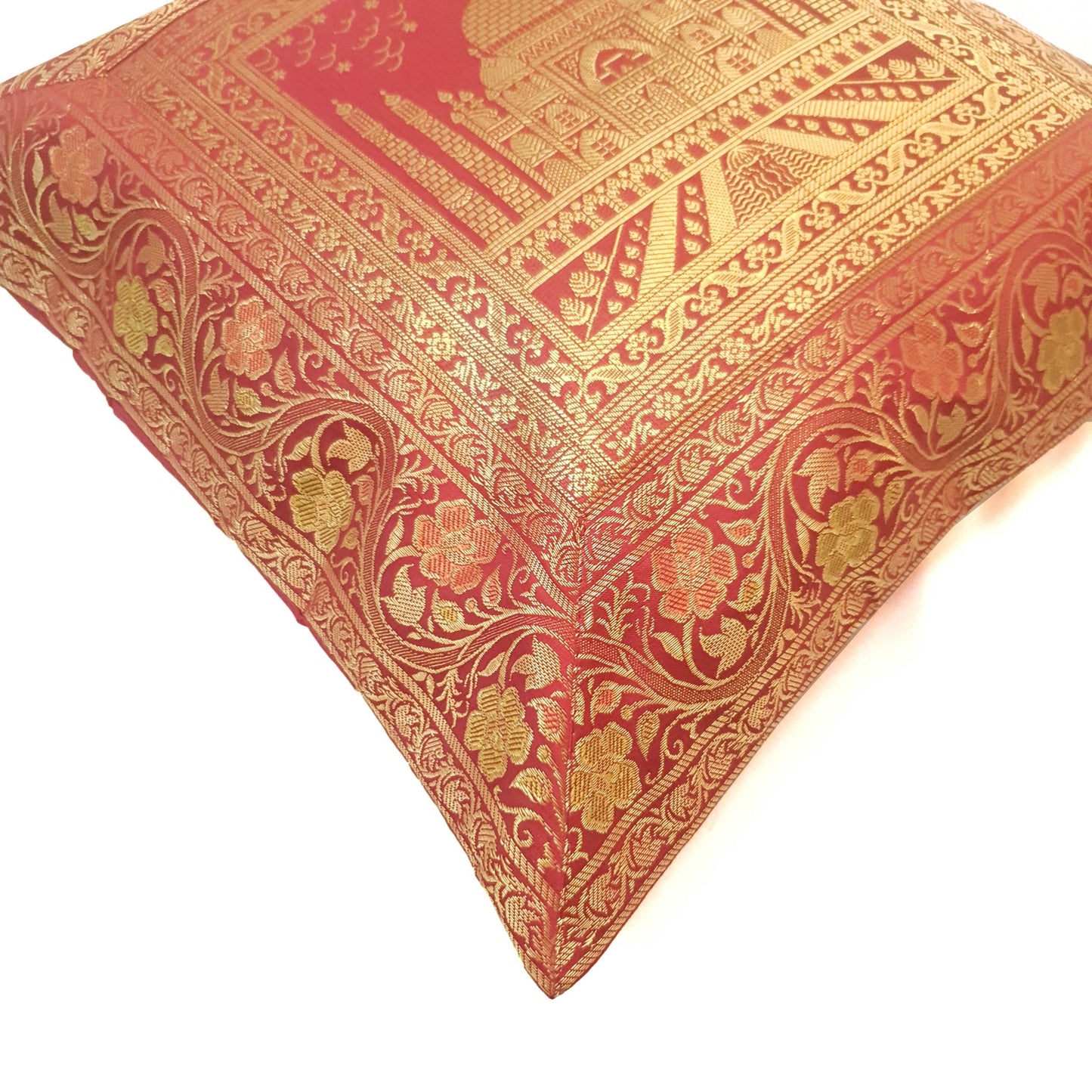 17x17 Inch Cushion Cover Taj Mahal Woven Zari Brocade Maroon Banarasi Silk Decor