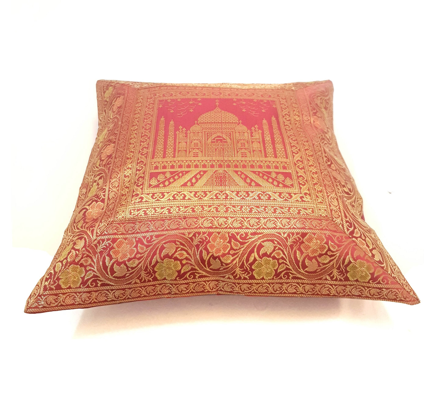 17x17 Inch Cushion Cover Taj Mahal Woven Zari Brocade Maroon Banarasi Silk Decor